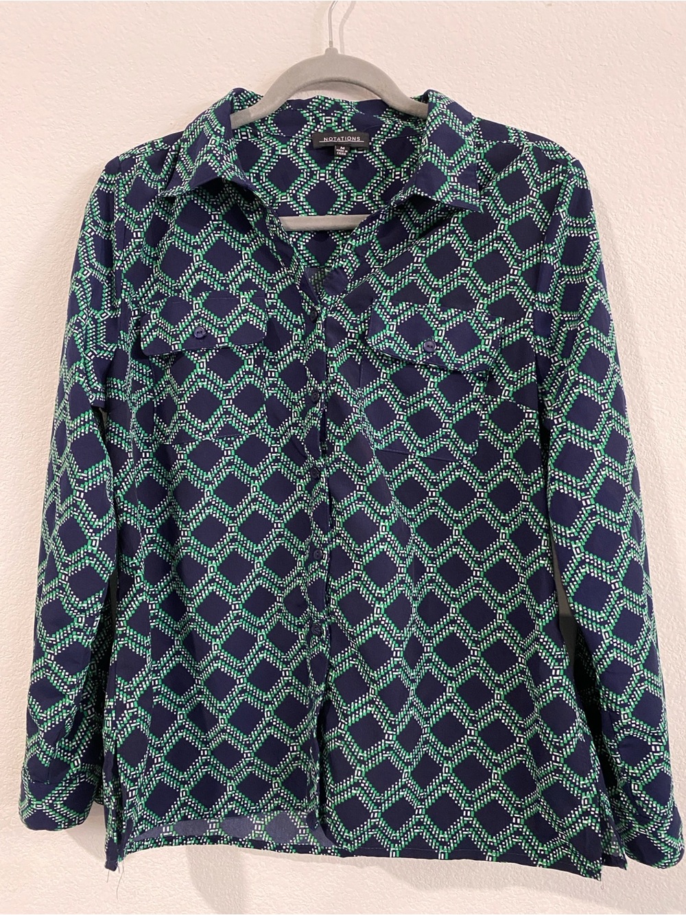 Navy Geometric Button-Up Shirt with Mint Pattern